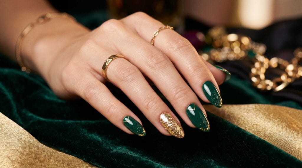 Emerald green nails with gold glitter accents, elegant luxury manicure, stylish nail art design, and glamorous beauty inspiration.