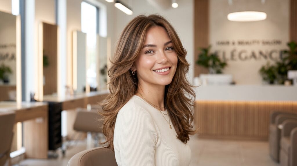 Elegant feathered layered blowout hairstyle featuring soft movement, airy volume, and a smooth salon-quality finish.