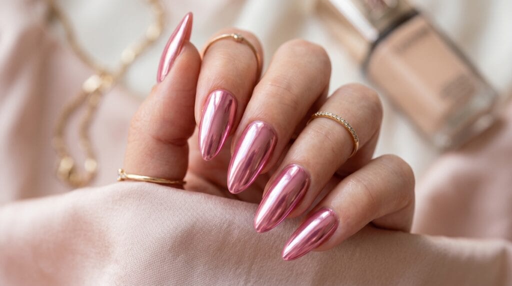 Glossy pink chrome nails with mirror shine finish, modern trendy manicure, reflective nail art design, and elegant beauty inspiration.