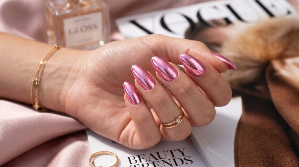 Glossy pink chrome nails with mirror shine finish, trendy modern manicure, stylish nail art design, and elegant beauty inspiration.