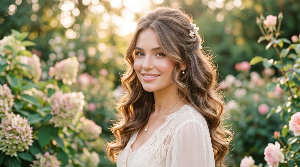 Romantic half-up half-down blowout hairstyle featuring soft waves, voluminous hair, and an elegant salon-finished look.
