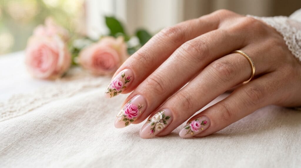 Hand-painted rose floral nails with feminine elegance, delicate flower nail art, romantic manicure design, and soft beauty inspiration.