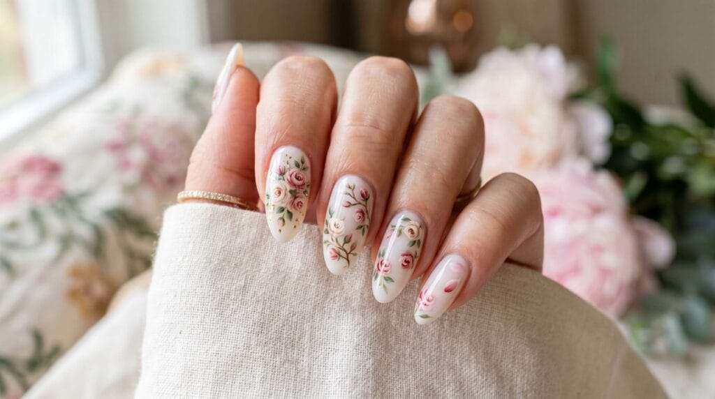 Hand-painted rose floral nails with feminine design, elegant manicure, delicate flower nail art, and romantic beauty inspiration.