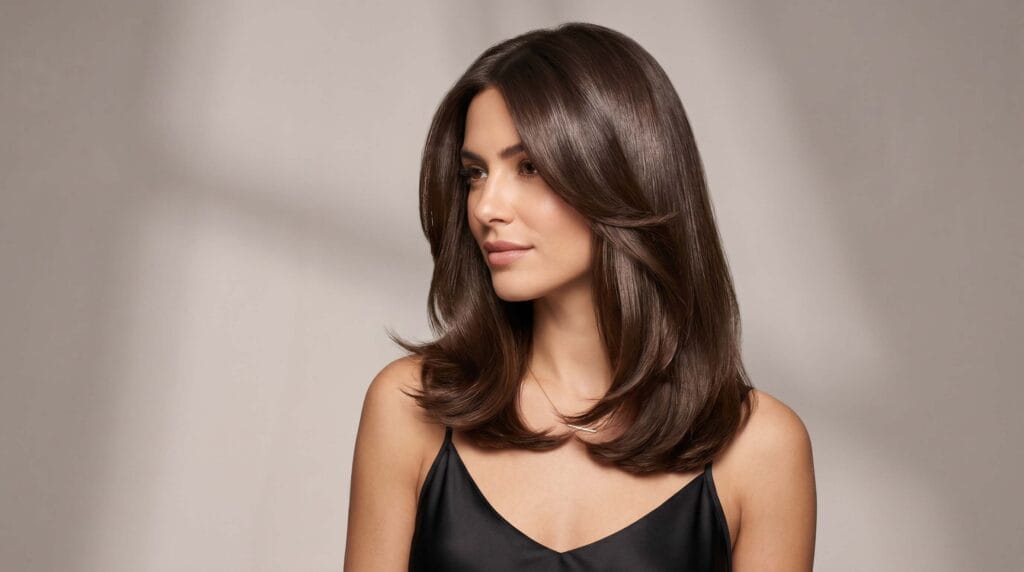 Healthy glossy blowout hairstyle featuring smooth texture, natural shine, and a polished salon-quality finish.