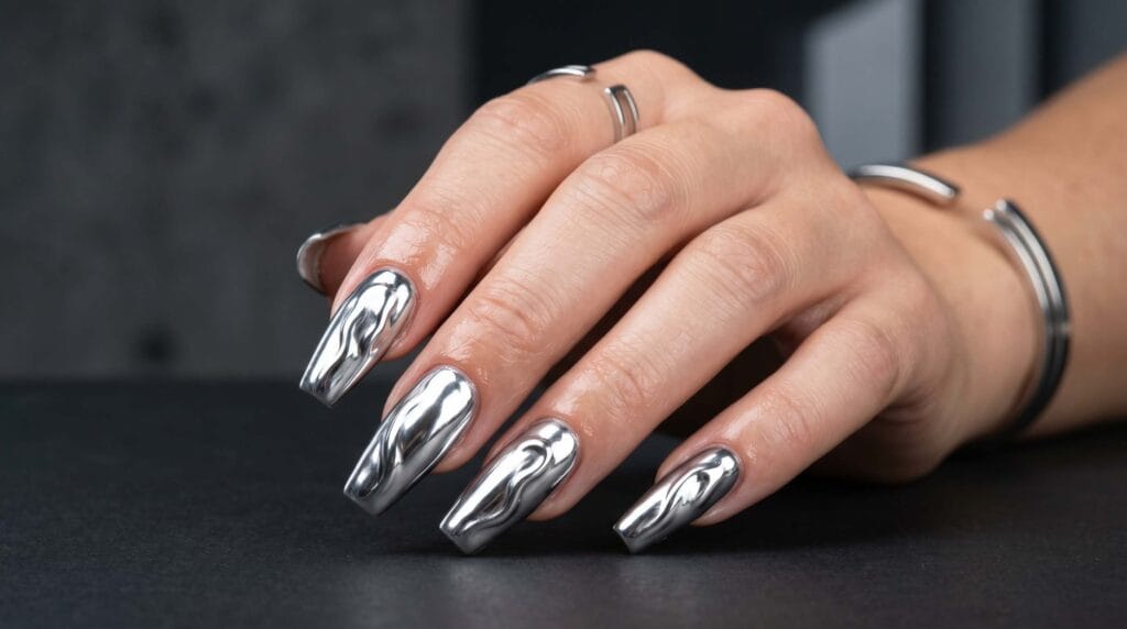 Highly reflective silver chrome nail design with futuristic metallic shine, sleek manicure style, and modern beauty inspiration.