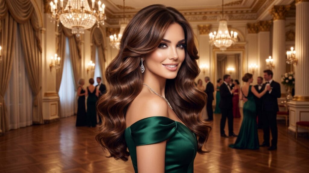 Hollywood-style voluminous blowout hairstyle in chocolate brown with soft glamorous waves, bounce, and a shiny salon finish.