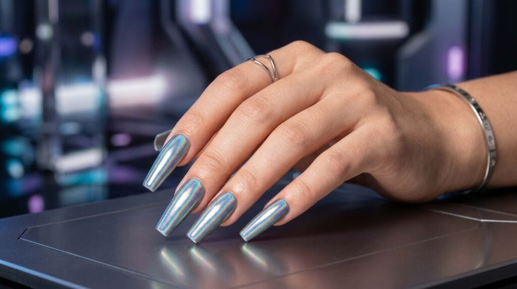 Holographic chrome coffin nails with a futuristic metallic shine, reflective rainbow effect, trendy manicure design, and modern nail art inspiration.