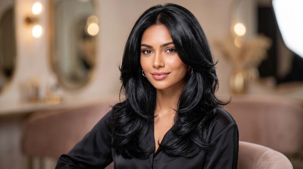 Jet-black layered blowout hairstyle featuring dramatic volume, smooth texture, and a glossy salon-quality finish.