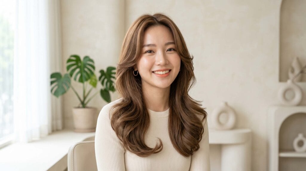 Korean-inspired blowout hairstyle featuring soft face-framing layers, natural volume, silky texture, and a smooth salon-quality finish.