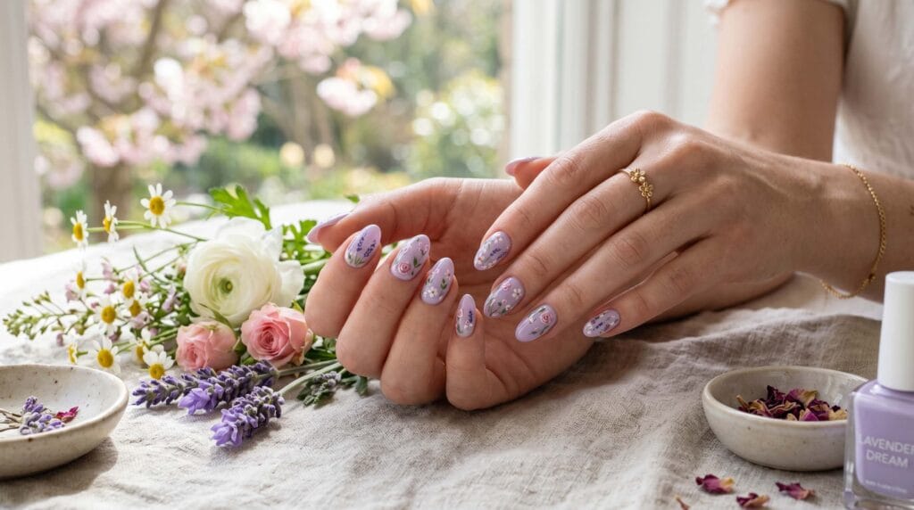 Lavender nails with delicate floral nail art, soft pastel manicure, elegant feminine design, and romantic beauty inspiration.