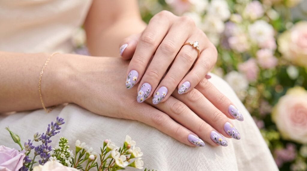 Lavender nails with delicate floral details, soft pastel manicure, elegant nail art design, and romantic feminine beauty style.