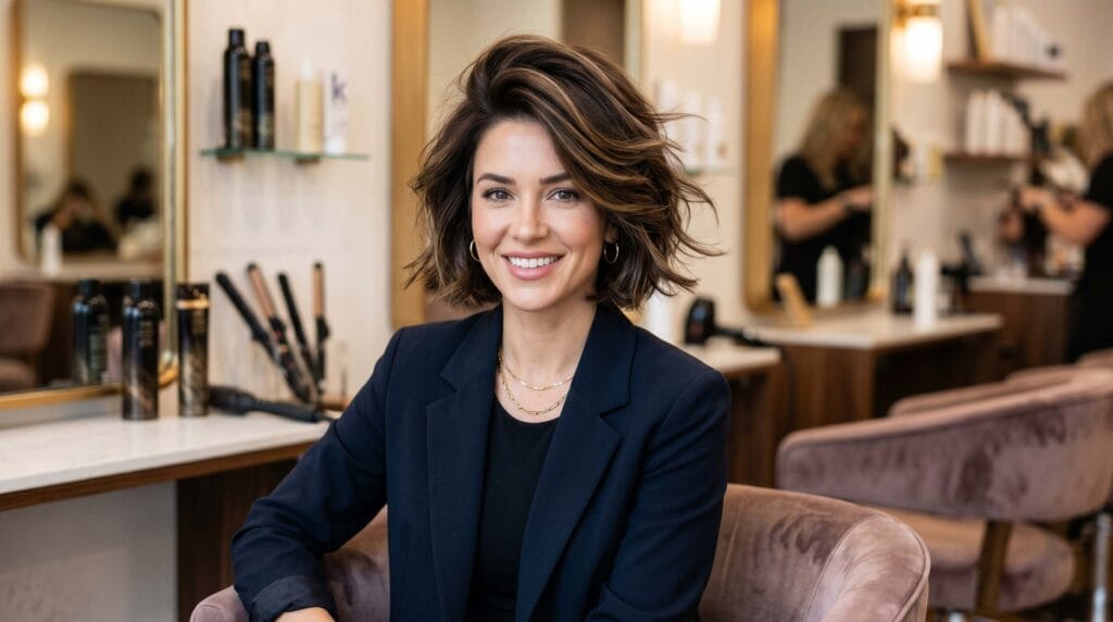 Layered short blowout hairstyle featuring airy volume, soft texture, and a smooth salon-quality finish.