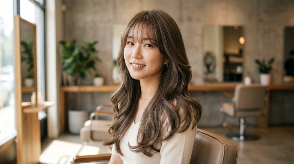Long Korean layered blowout hairstyle featuring wispy face-framing layers, soft volume, silky texture, and a polished finish.