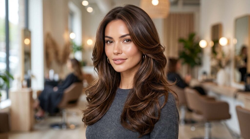 Long layered blowout hairstyle featuring glossy shine, soft volume, and smooth salon-quality finish with flowing layers.
