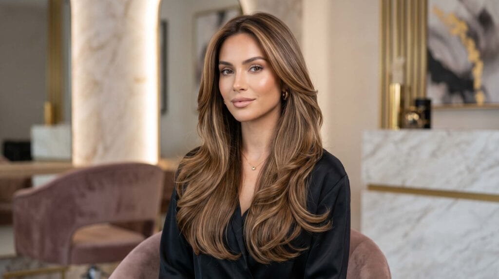 Long layered blowout hairstyle featuring soft volume, smooth texture, and face-framing layers with a glossy salon finish.