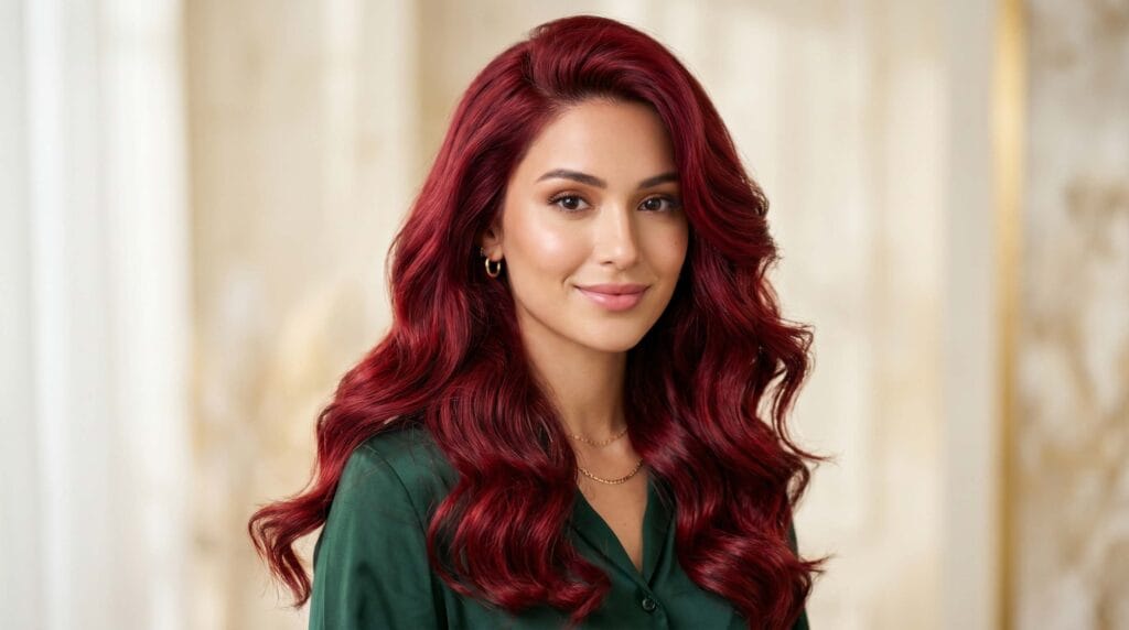 Long red hair blowout hairstyle featuring glossy shine, smooth texture, and soft voluminous waves with a salon-quality finish.