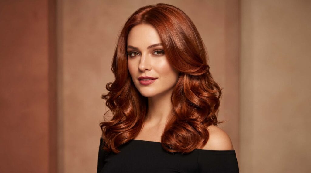 Lush auburn hair styled in a voluminous blowout with soft layers, natural movement, and a glossy finish.