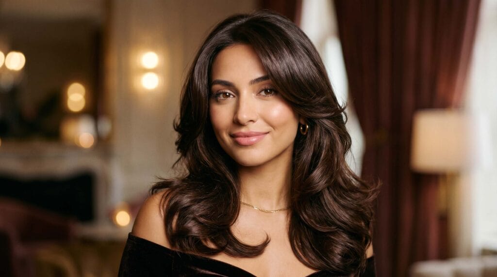 Luxurious shiny face-framing blowout hairstyle featuring soft layers, smooth texture, and a glossy salon-finished look.