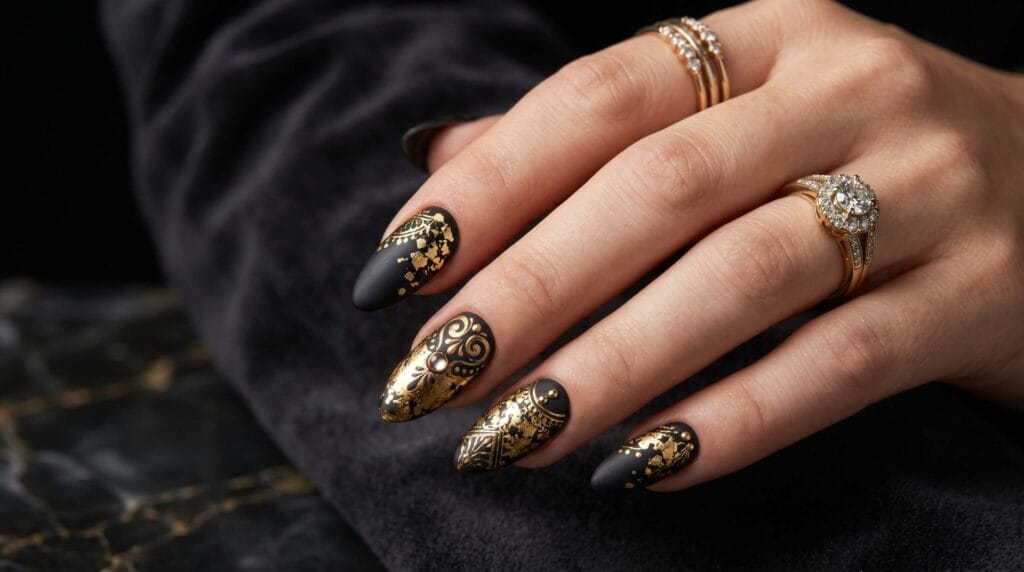 Luxury nail art featuring elegant crystal embellishments, glamorous manicure design, sparkling rhinestones, and sophisticated nail styling.