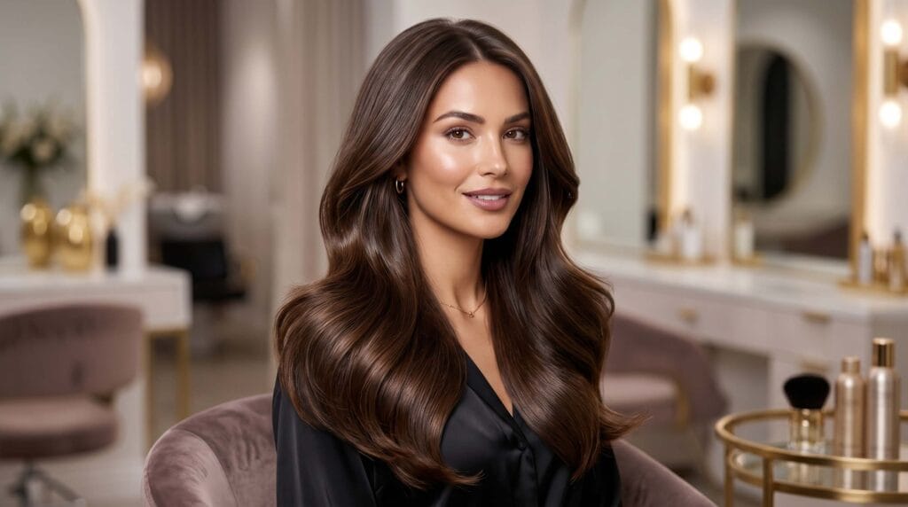 Luxury salon blowout hairstyle featuring long hair with glossy shine, smooth texture, and voluminous professional finish.