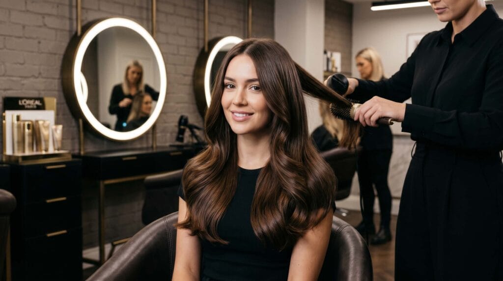 Luxury salon blowout transformation showing healthy, shiny hair with smooth texture, volume, and a professional salon-quality finish.