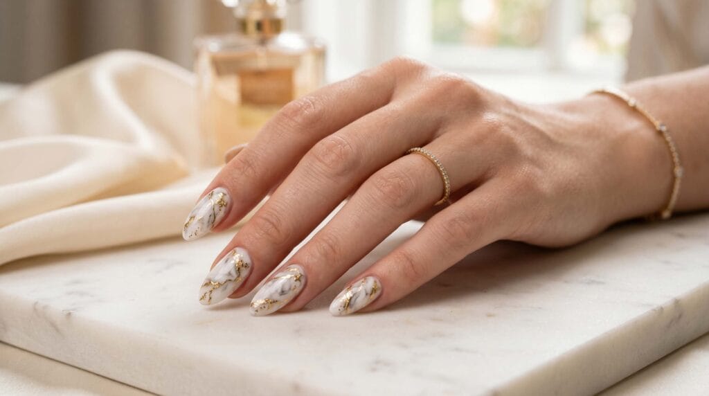 Marble effect nails with intricate gold veins, luxury manicure design, elegant nail art style, and sophisticated beauty inspiration.