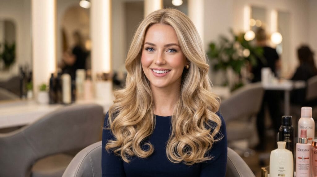 Medium blonde blowout hairstyle featuring soft volume, smooth texture, and a glossy salon-quality finish.