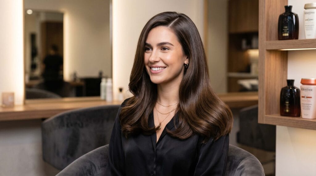 Medium hair blowout hairstyle featuring soft volume, smooth texture, and a polished salon-quality finish.