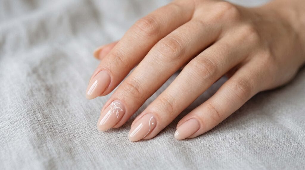 Minimalist nude nails with delicate line art, elegant manicure design, modern nail art style, and chic beauty inspiration.
