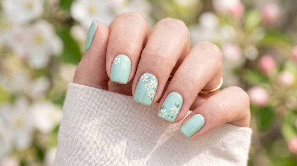 Mint green nails with dainty floral details, fresh spring manicure, elegant nail art design, and soft pastel nail inspiration.