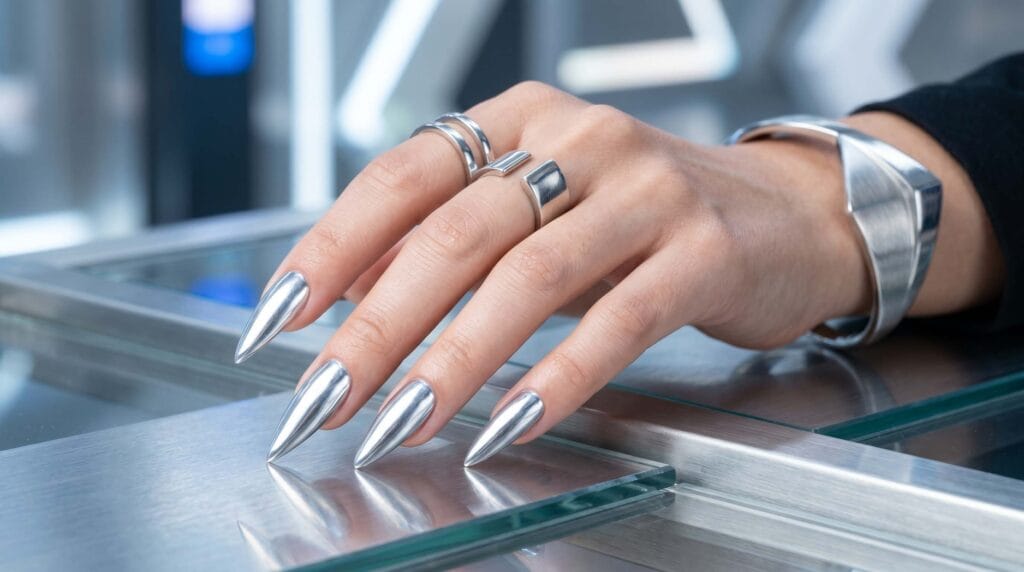 Modern beauty look with icy silver chrome nails, futuristic metallic manicure, reflective nail art design, and stylish beauty inspiration.