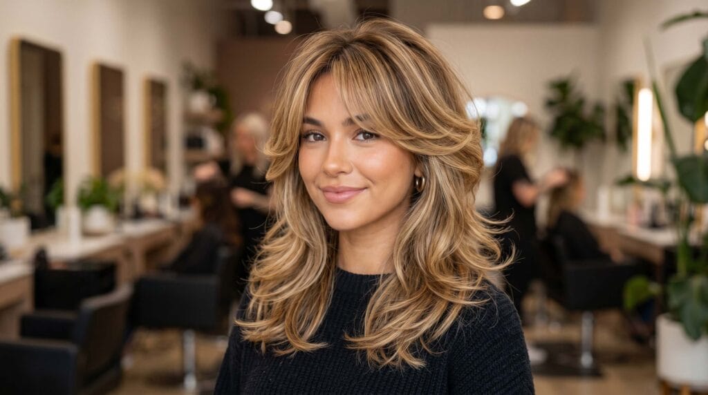 Modern butterfly haircut styled with a salon blowout, featuring soft feathered layers, face-framing pieces, and voluminous movement.