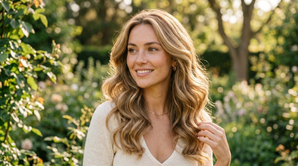 Natural wavy blowout hairstyle featuring soft volume, flowing waves, and a smooth salon-quality finish.