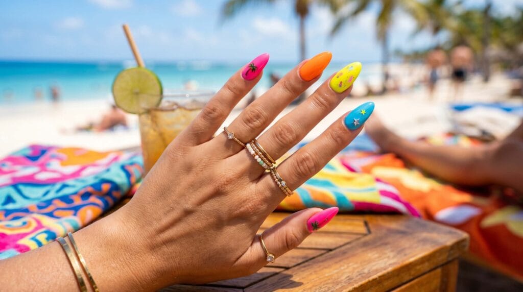 Neon summer nails with vibrant colors, bold manicure design, trendy seasonal nail art, and eye-catching beauty inspiration.