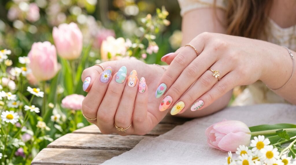 Pastel rainbow nails with cute and colorful spring design, soft gradient manicure, playful nail art style, and trendy beauty inspiration.