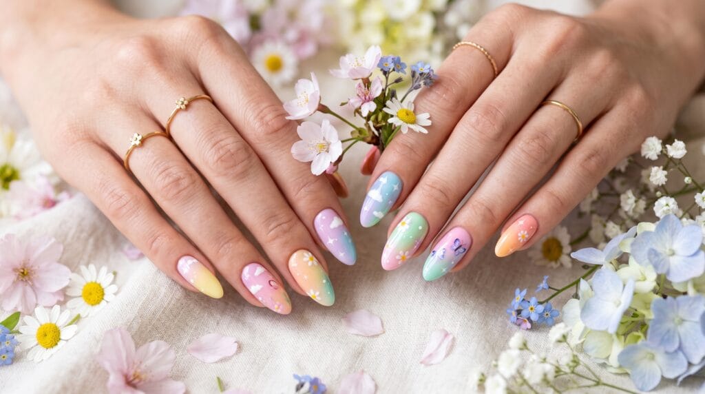 Pastel rainbow nails with cute spring aesthetic, colorful manicure design, soft pastel nail art, and trendy beauty inspiration.