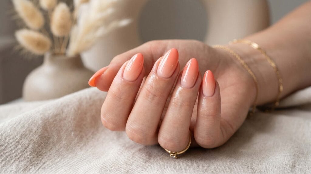 Peach ombre nails with a soft glossy finish, elegant gradient manicure, feminine nail design, and modern beauty inspiration.