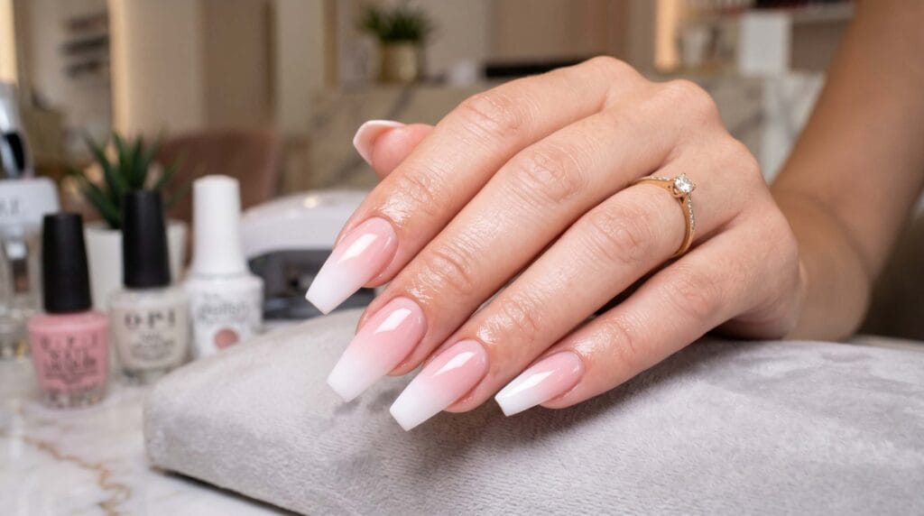 Pink and white ombre ballerina nails, elegant gradient manicure, soft feminine nail design, and stylish beauty inspiration.
