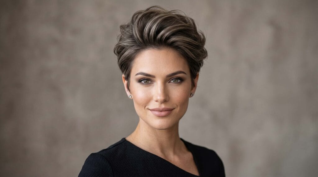 Pixie cut blowout hairstyle featuring lifted roots, soft texture, and a stylish salon-quality finish.