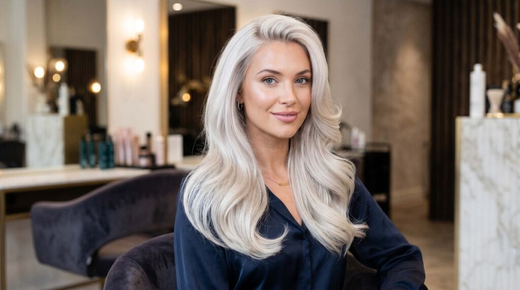Platinum blonde blowout hairstyle featuring silky volume, smooth layers, natural bounce, and a high-shine salon finish.