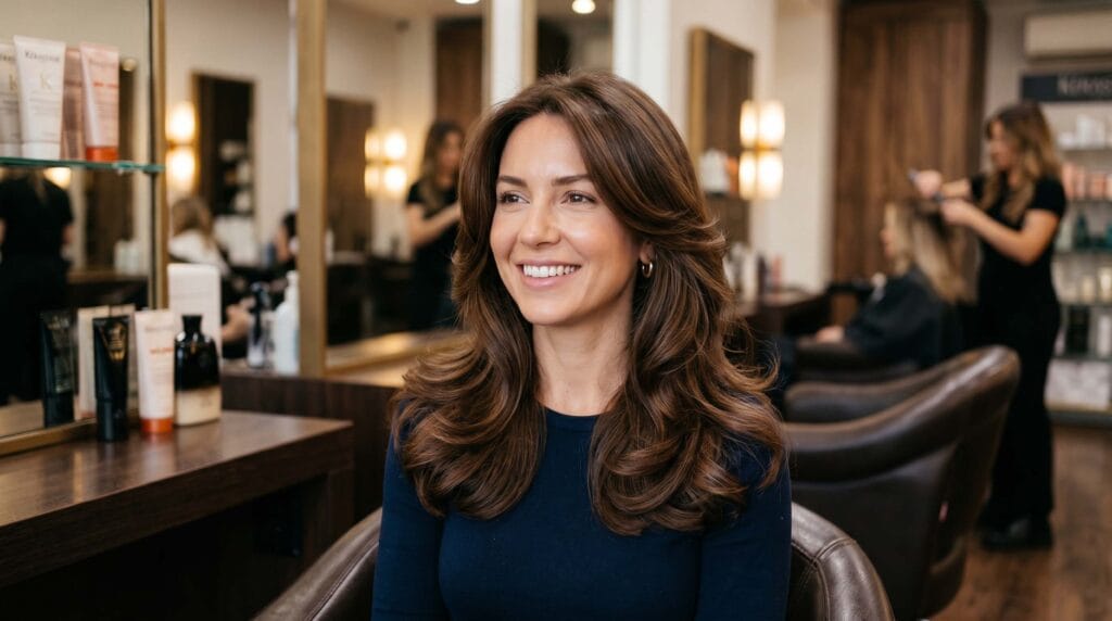 Polished and bouncy shoulder-length blowout hairstyle featuring smooth layers, natural movement, and a glossy salon-finished look.