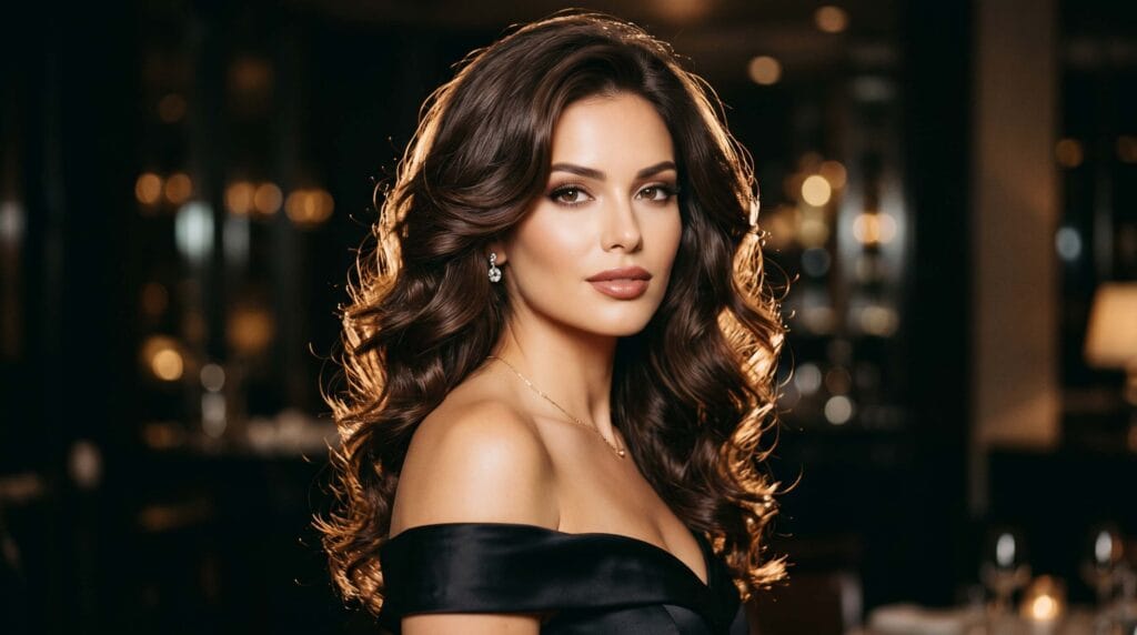 Professional glamorous blowout hairstyle featuring soft layers, smooth volume, and a polished salon-quality glossy finish.
