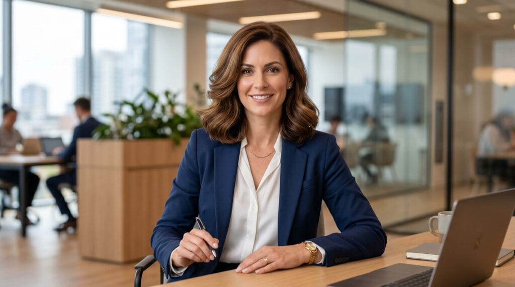 Professional office-style blowout featuring polished medium-length hair, smooth texture, and a sophisticated salon-finished look.