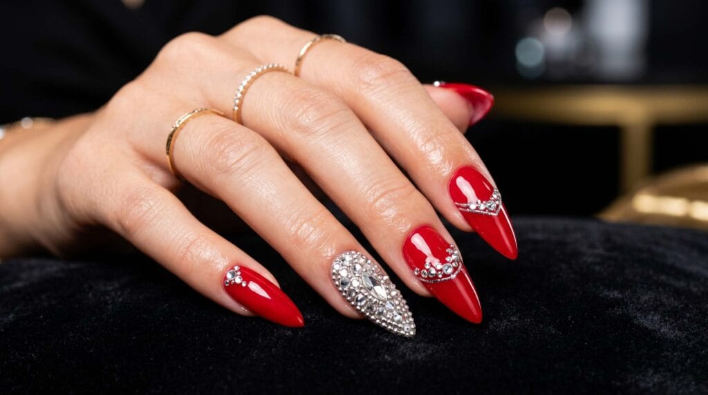 Red stiletto nails with sparkling crystal accents, glamorous luxury manicure, bold nail art design, and elegant beauty inspiration.