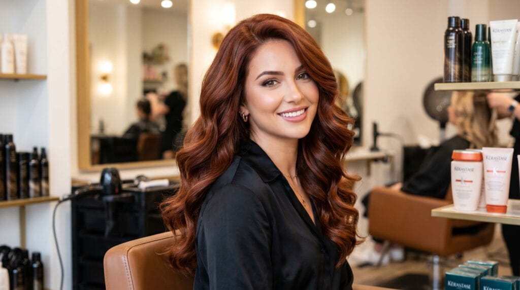 Rich auburn blowout hairstyle featuring voluminous layers, glossy texture, and a smooth salon-quality finish.