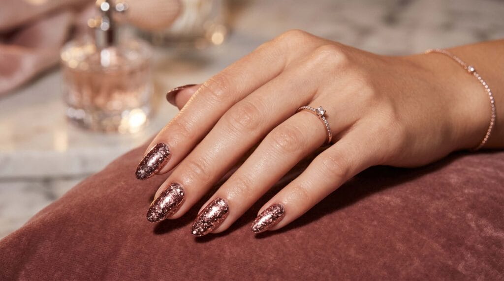 Rose gold glitter nails with a sparkling finish, glamorous manicure design, elegant nail art, and luxury beauty inspiration.