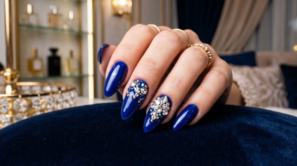 Sapphire blue nails with sparkling rhinestone accents, elegant manicure design, glamorous nail art, and luxury beauty inspiration.