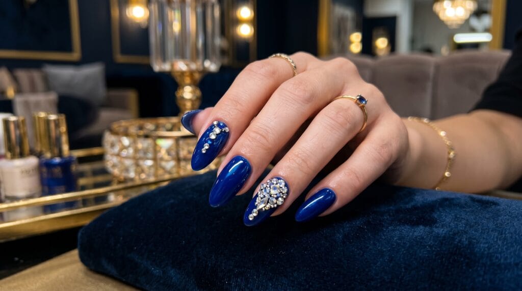 Sapphire blue nails with rhinestone embellishments, elegant luxury manicure, glamorous nail art design, and sparkling beauty inspiration.