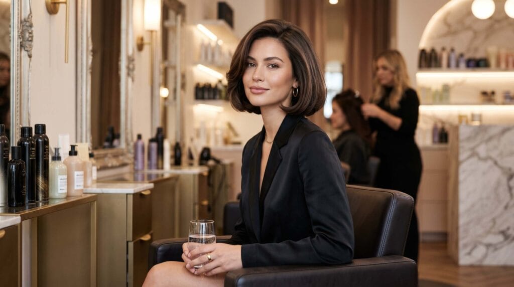 Short bob blowout hairstyle featuring smooth volume, glossy texture, and a polished salon-quality finish.