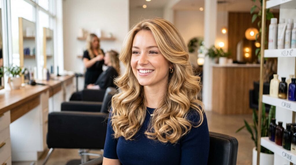 Shoulder-length blonde blowout hairstyle featuring soft layers, natural volume, and a smooth, glossy salon finish.